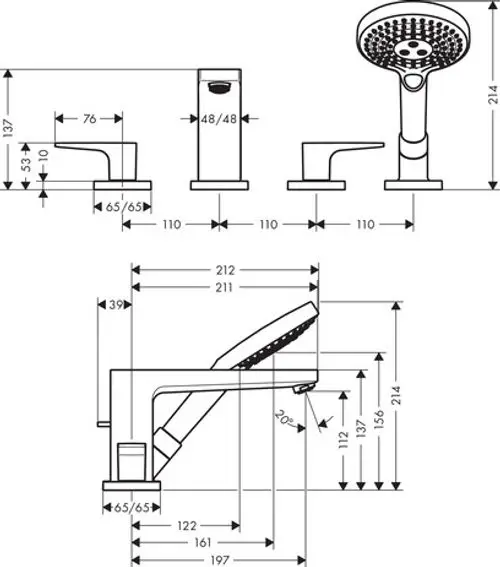 Technische Zeichnung einer Hansgrohe Badarmatur mit Maßangaben für Armaturenauslass, Handbrause und Installationselemente.